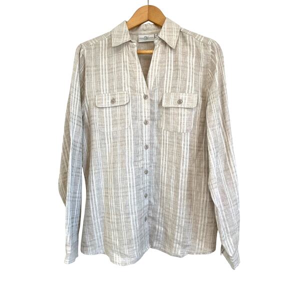 Studio works tan linen button up shirt collar pockets stripes Size Medium - Picture 1 of 7